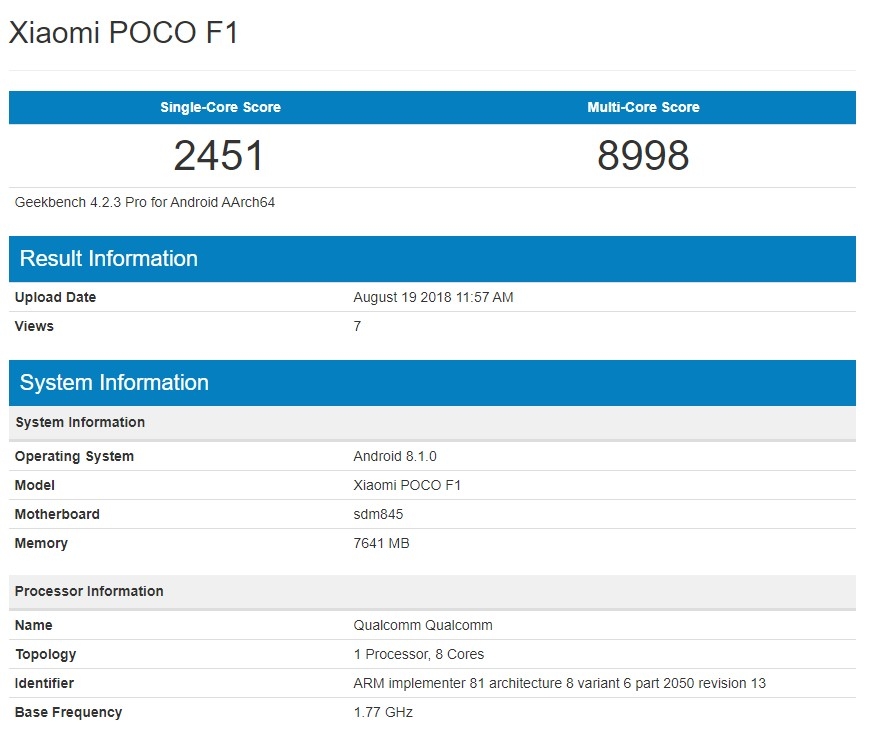 Xiaomi Pocophone F1 performans testi ortaya çıktı