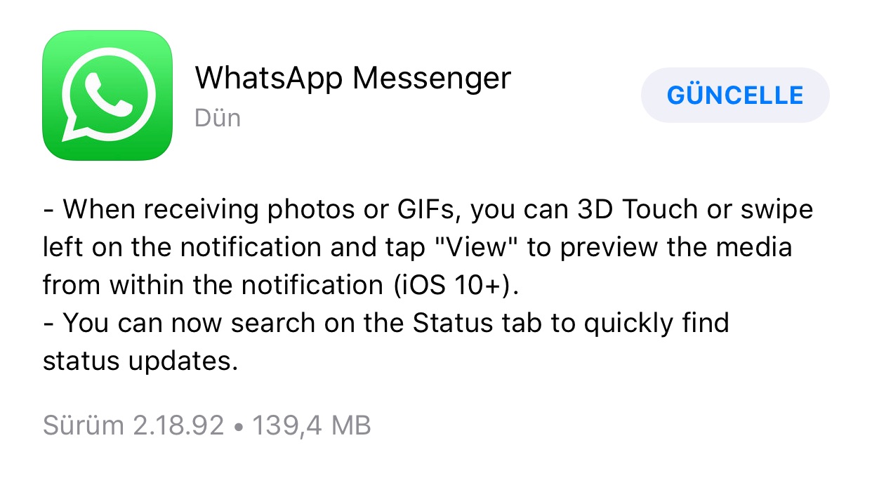 WhatsApp iOS güncelleme