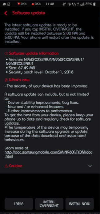 Galaxy Note 9 güncelleme