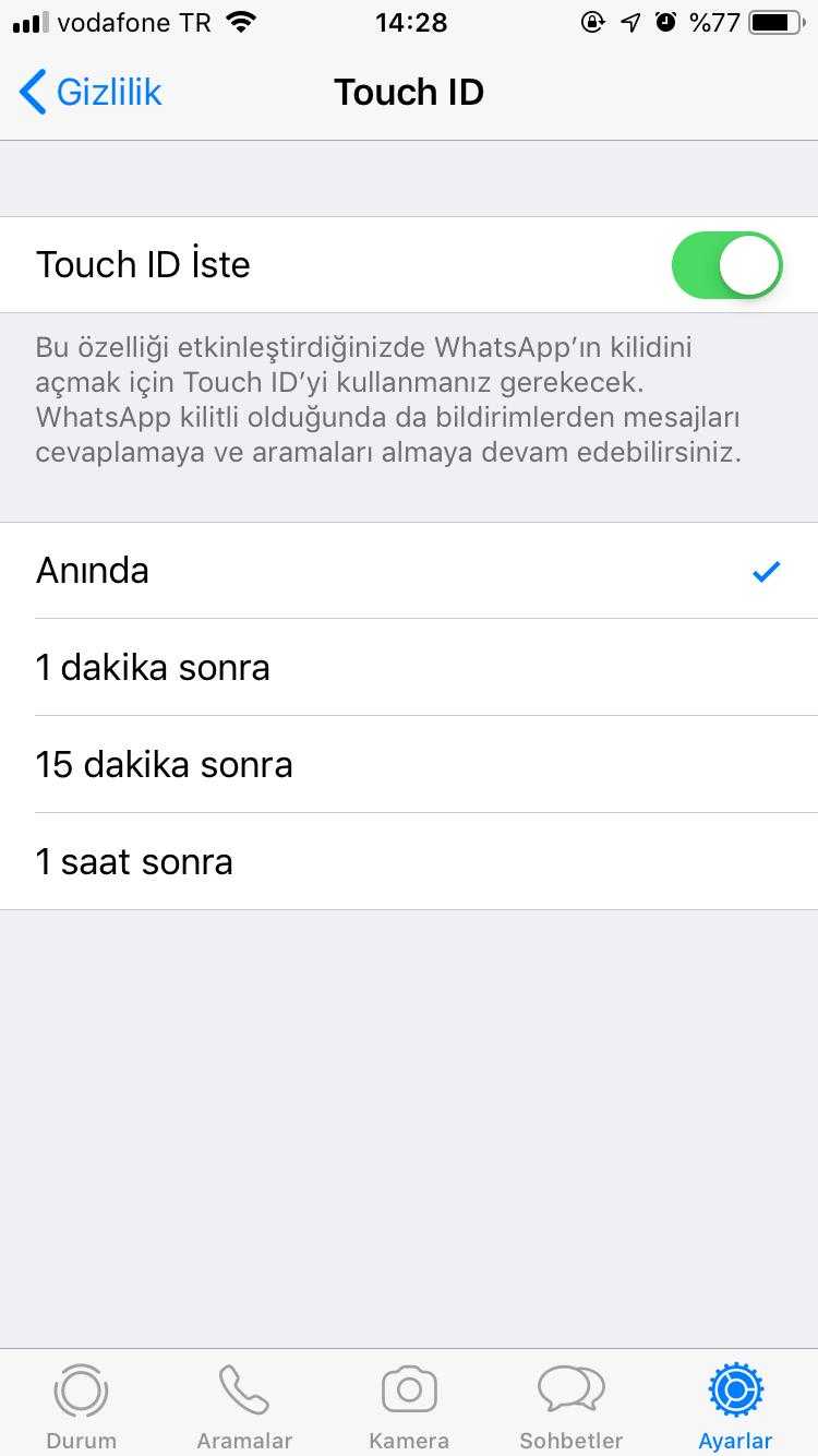 WhatsApp iOS Touch ID ve Face ID 