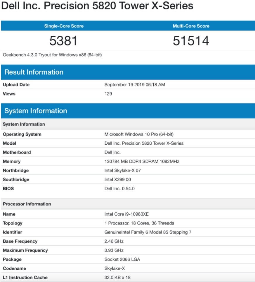 Intel Core i9 10980XE GeekBench skoru