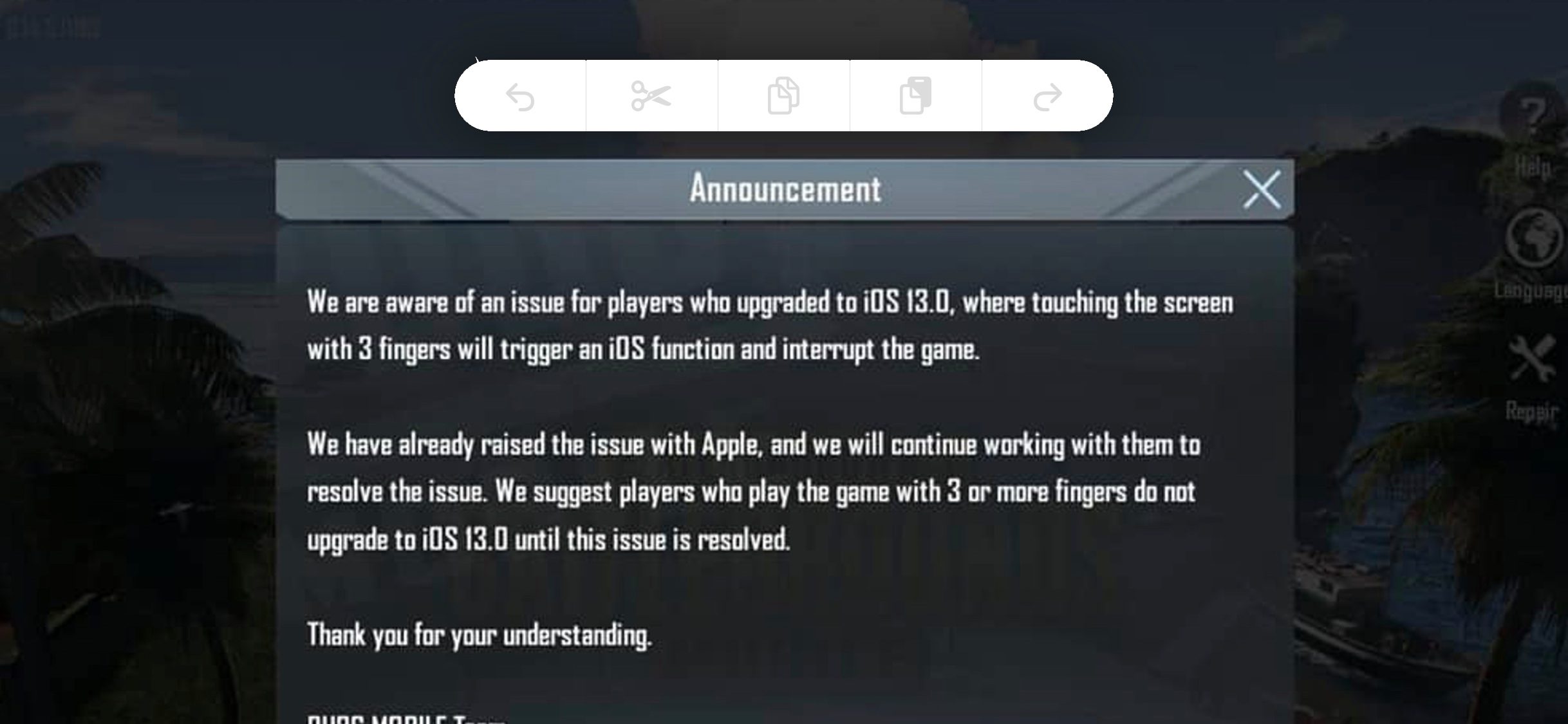 Oyun yapımcıları tarafından iOS13 kullanıcılarına gönderilen hata mesajı