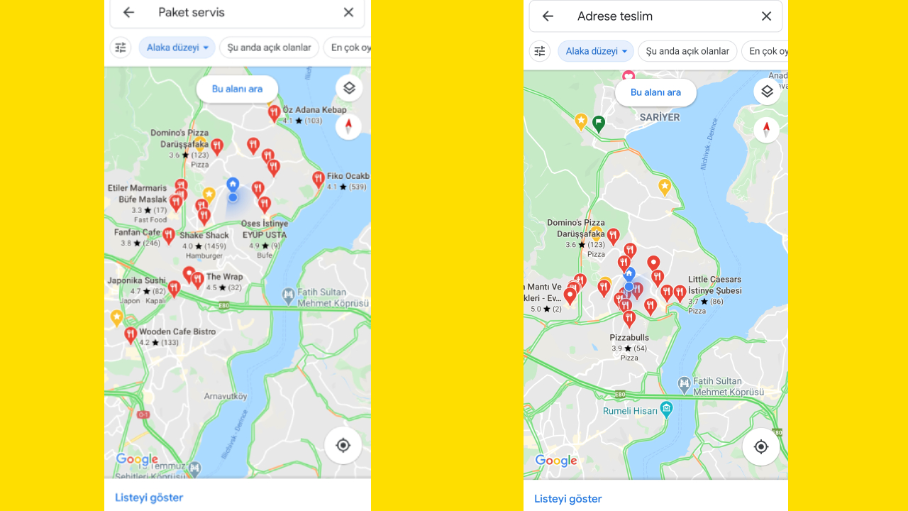 Google Haritalar paket servis restoranlar