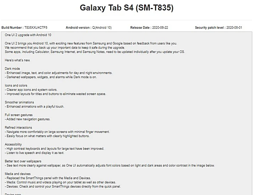 Samsung Galaxy Tab S4 Android 10 güncellemesi