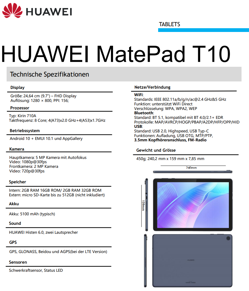 Huawei MatePad T10 özellikleri