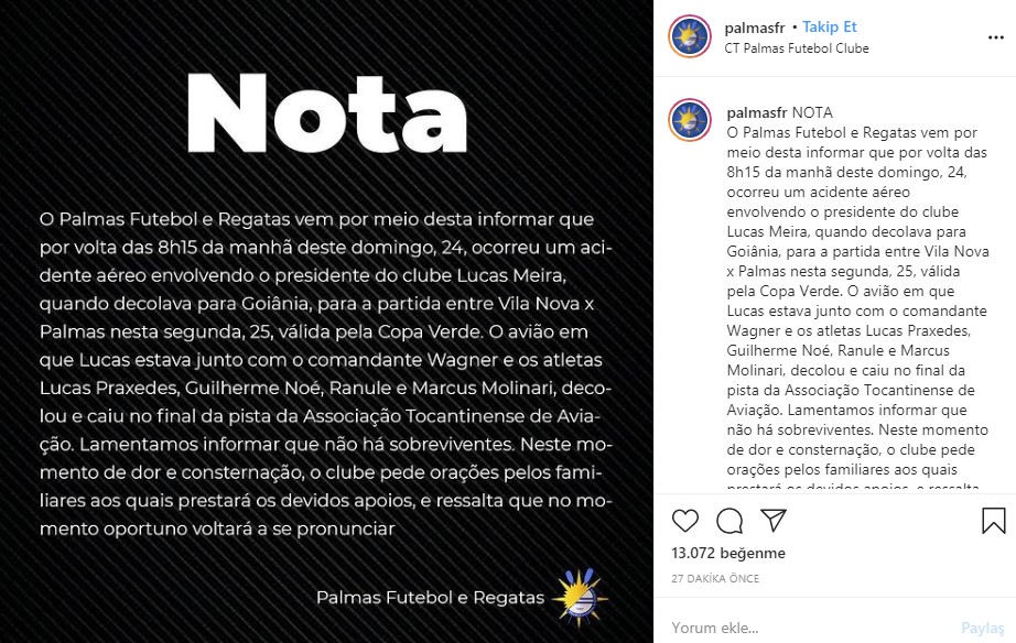 Palmas Futebol e Regatas uçağı düştü