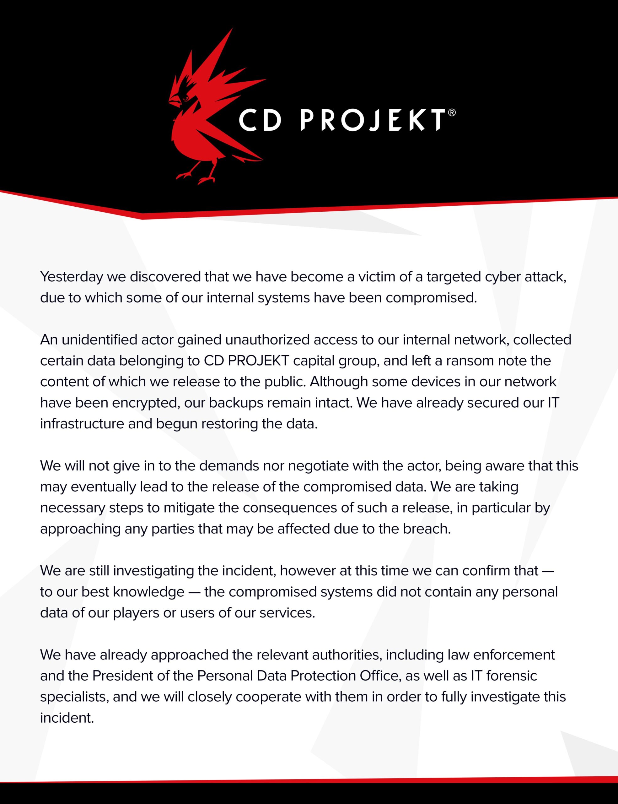 CD Projekt Red siber saldırı açıklaması
