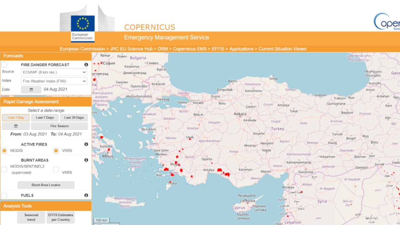Copernicus EFFIS, orman yangınları haritası 