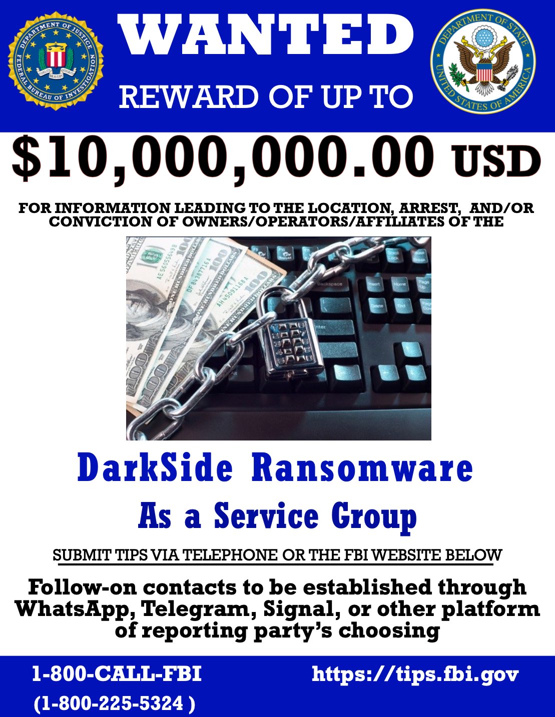 FBI, DarkSide ransomware grubu için 10 milyon dolar ödeyecek