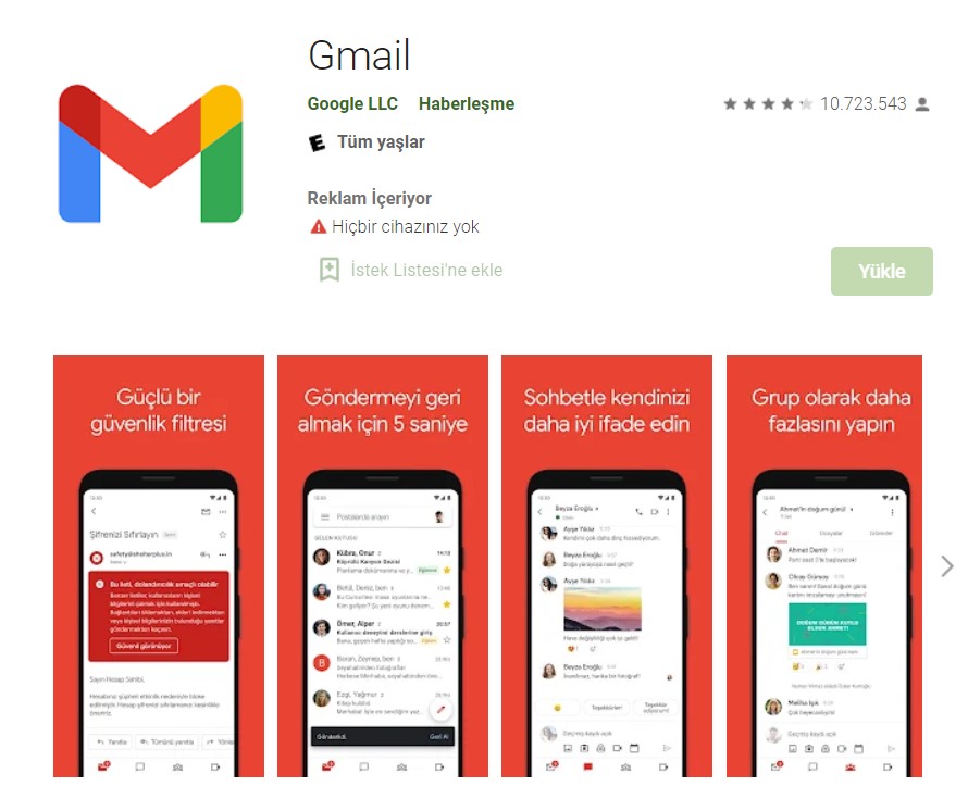 Gmail, Play Store'da 10 milyar indirme barajını geçti
