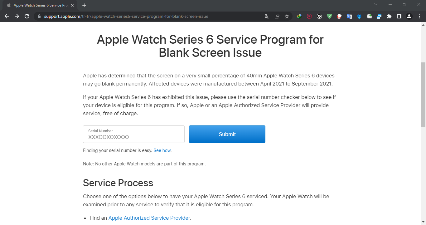 apple watch series 6 onarım programı