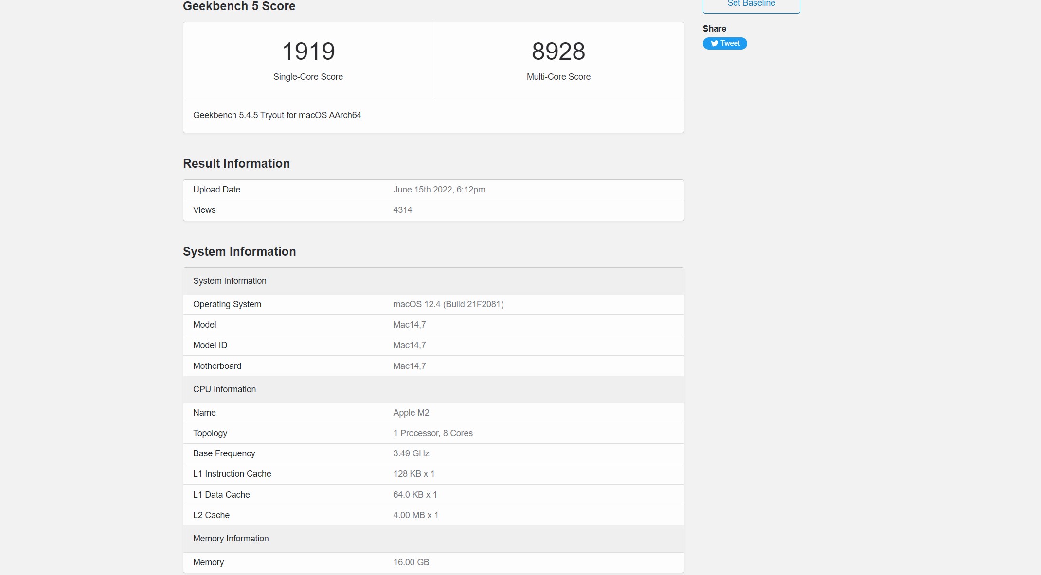 Apple M2 processor benchmark score has been published.
