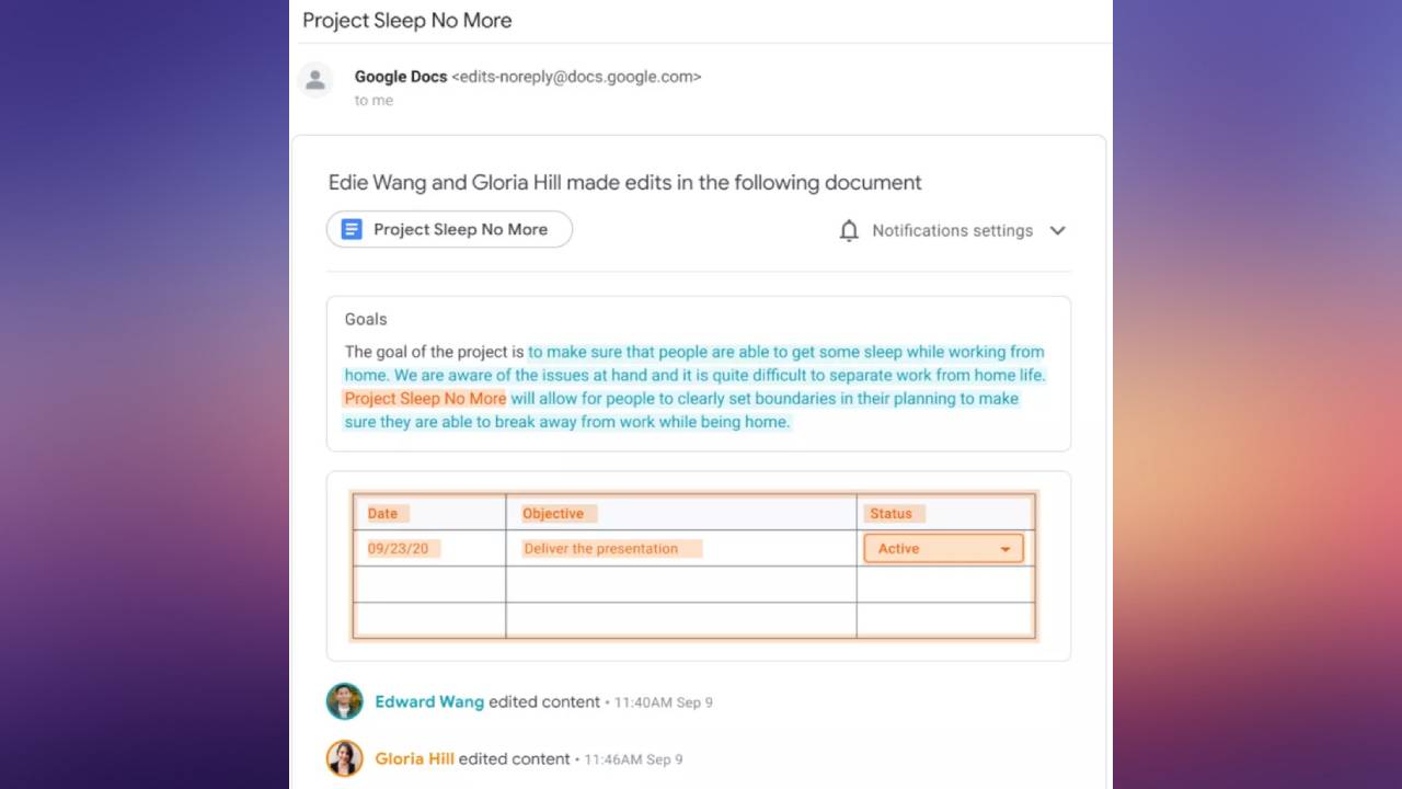 Google Docs notification and update