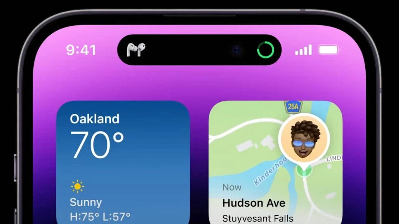 iPhone 14 Dynamic Island özelliği görünümleri - AirPods bağlantısı.