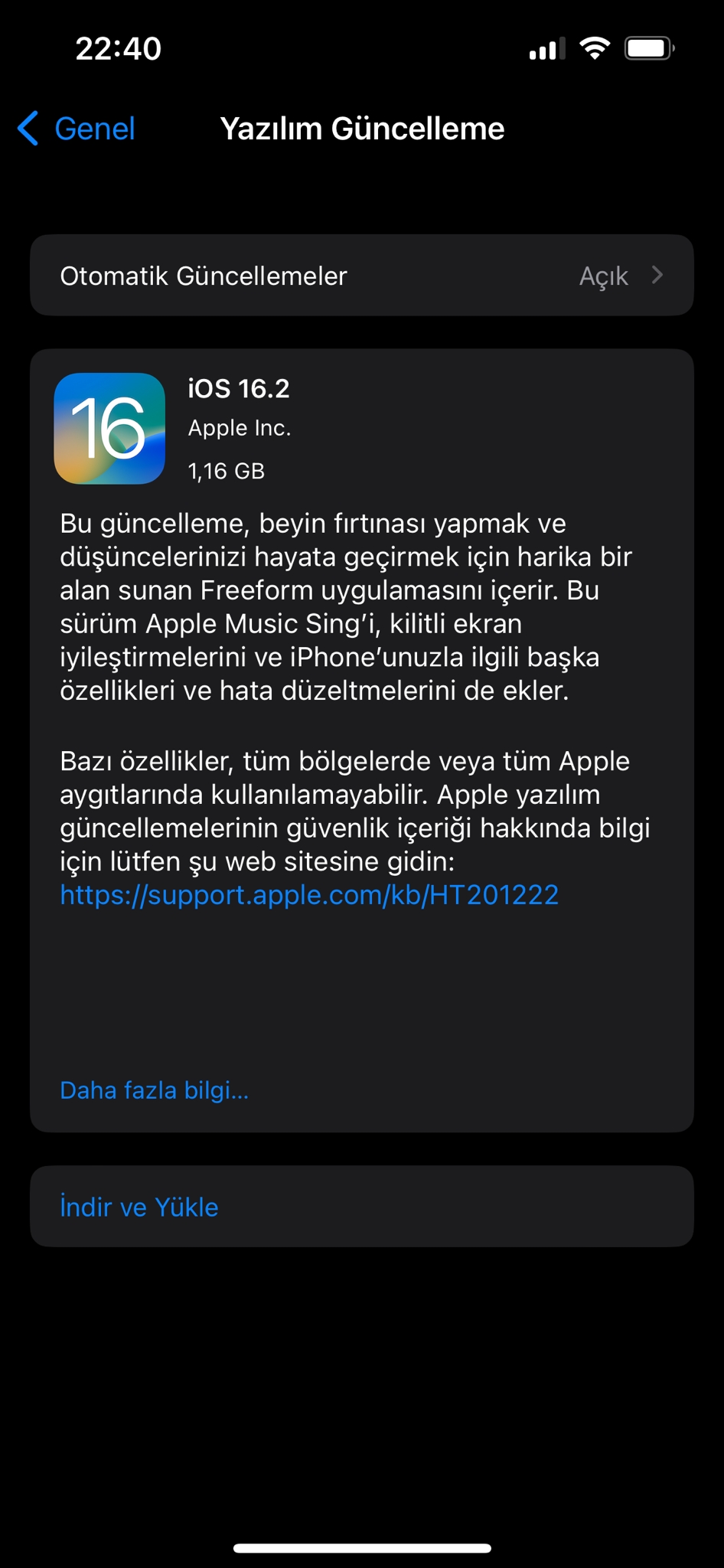 iOS 16.2 güncellemesi